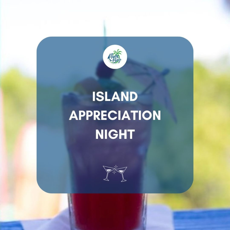 A vibrant drink with an umbrella garnish, promoting Island Appreciation Night at Palm Island Resort, featuring dinner on a private island with stunning views.