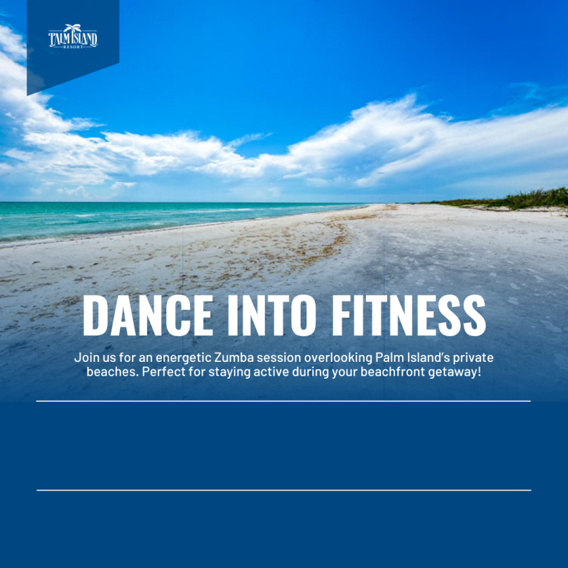 A vibrant promotional graphic for Zumba on Palm Island, featuring a private beach under a bright blue sky, inviting guests to stay active during their getaway.