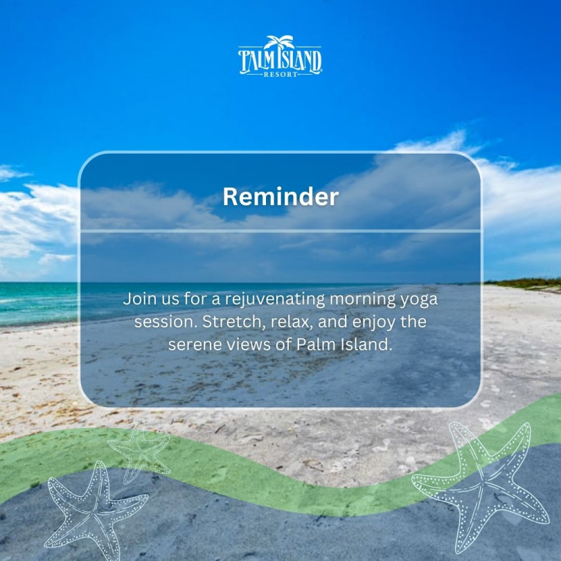 A serene graphic promoting senior fitness through beach yoga at Palm Island Resort, featuring a tranquil private beach under a bright blue sky.