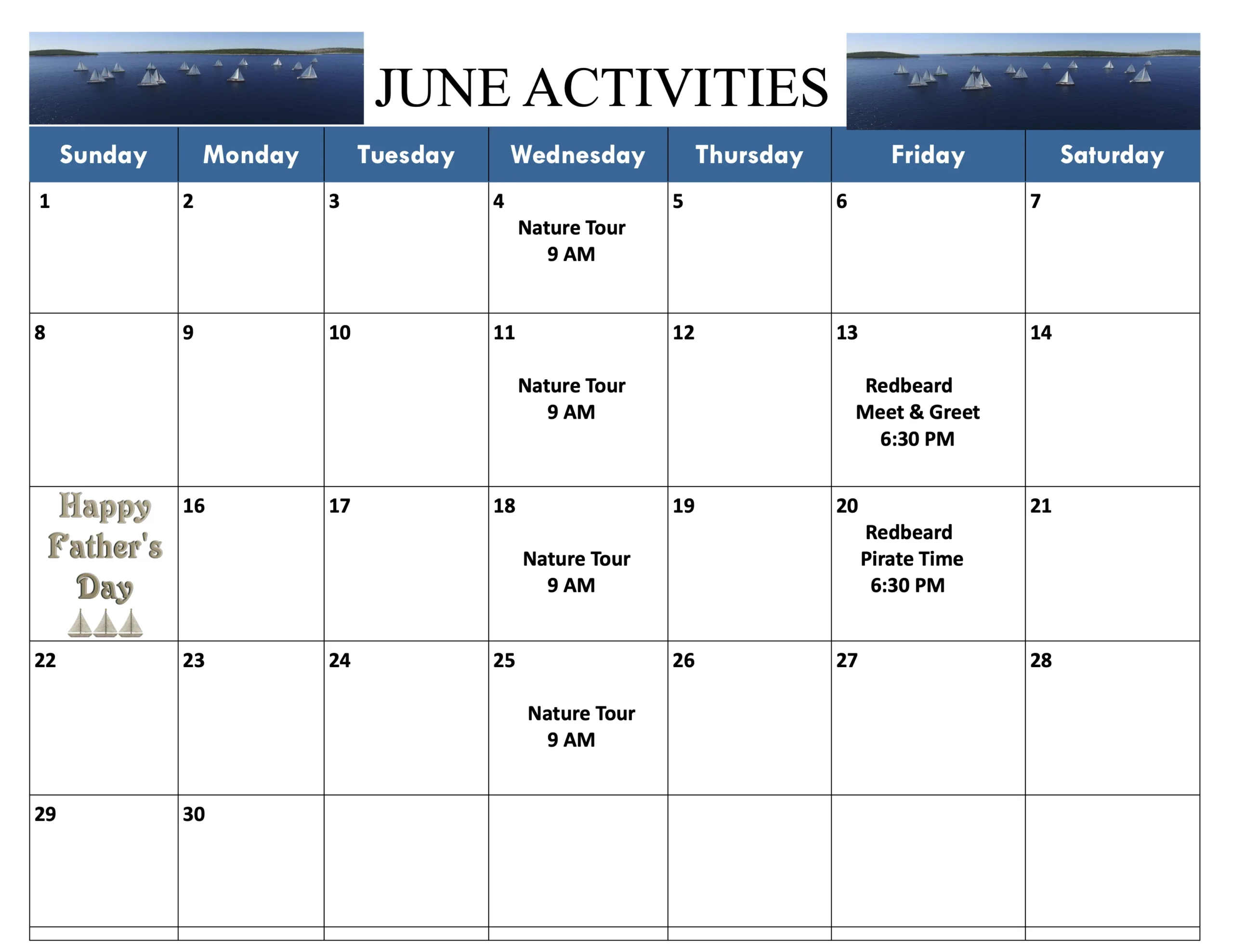 June 2025 activities calendar for Palm Island Resort family friendly beach vacation rentals