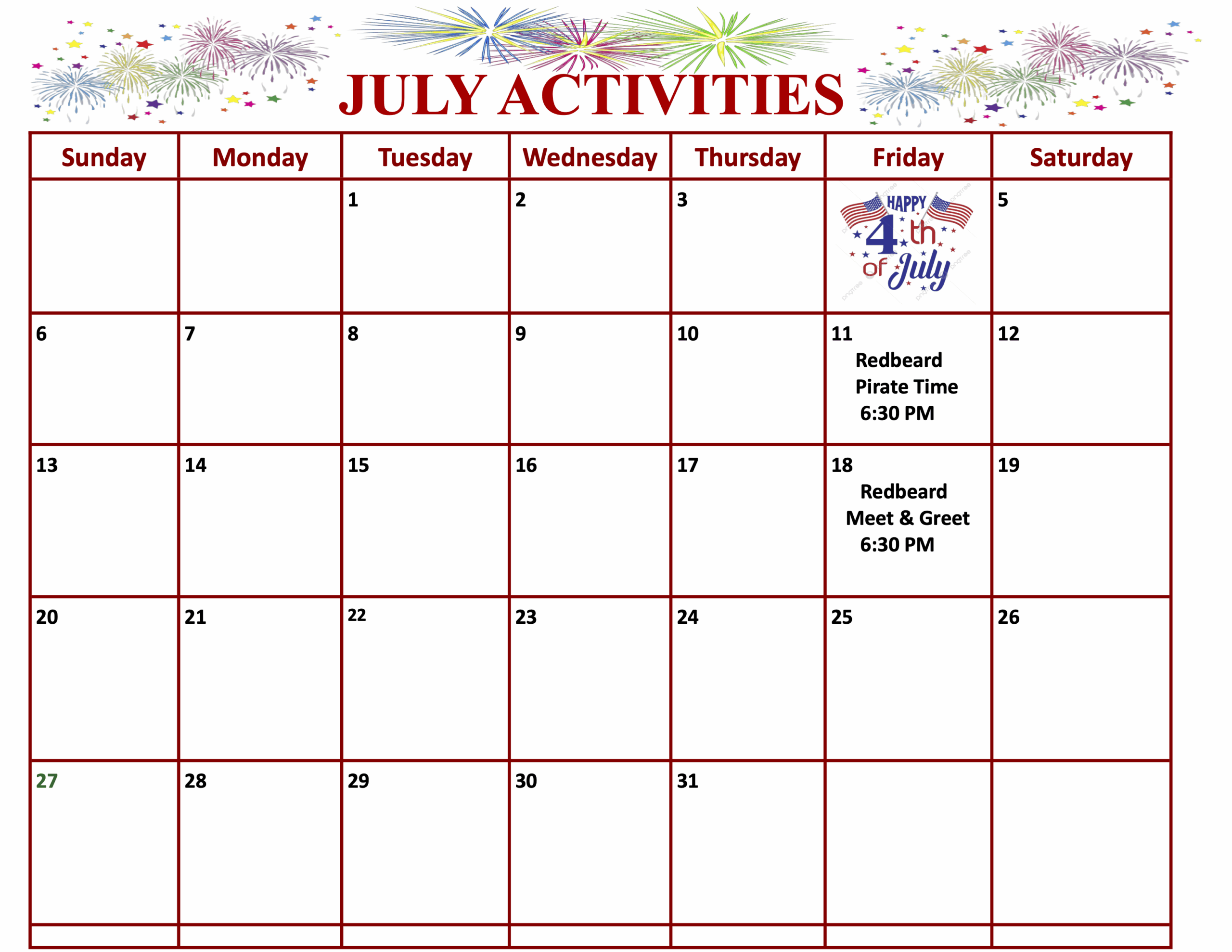 July 2025 activities calendar for Palm Island Resort family friendly beach vacation rentals