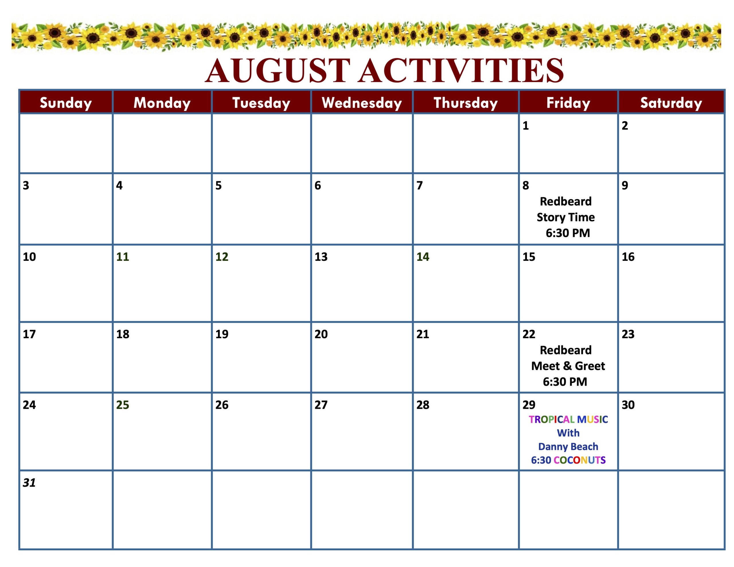 August 2025 activities calendar for Palm Island Resort family friendly beach vacation rentals