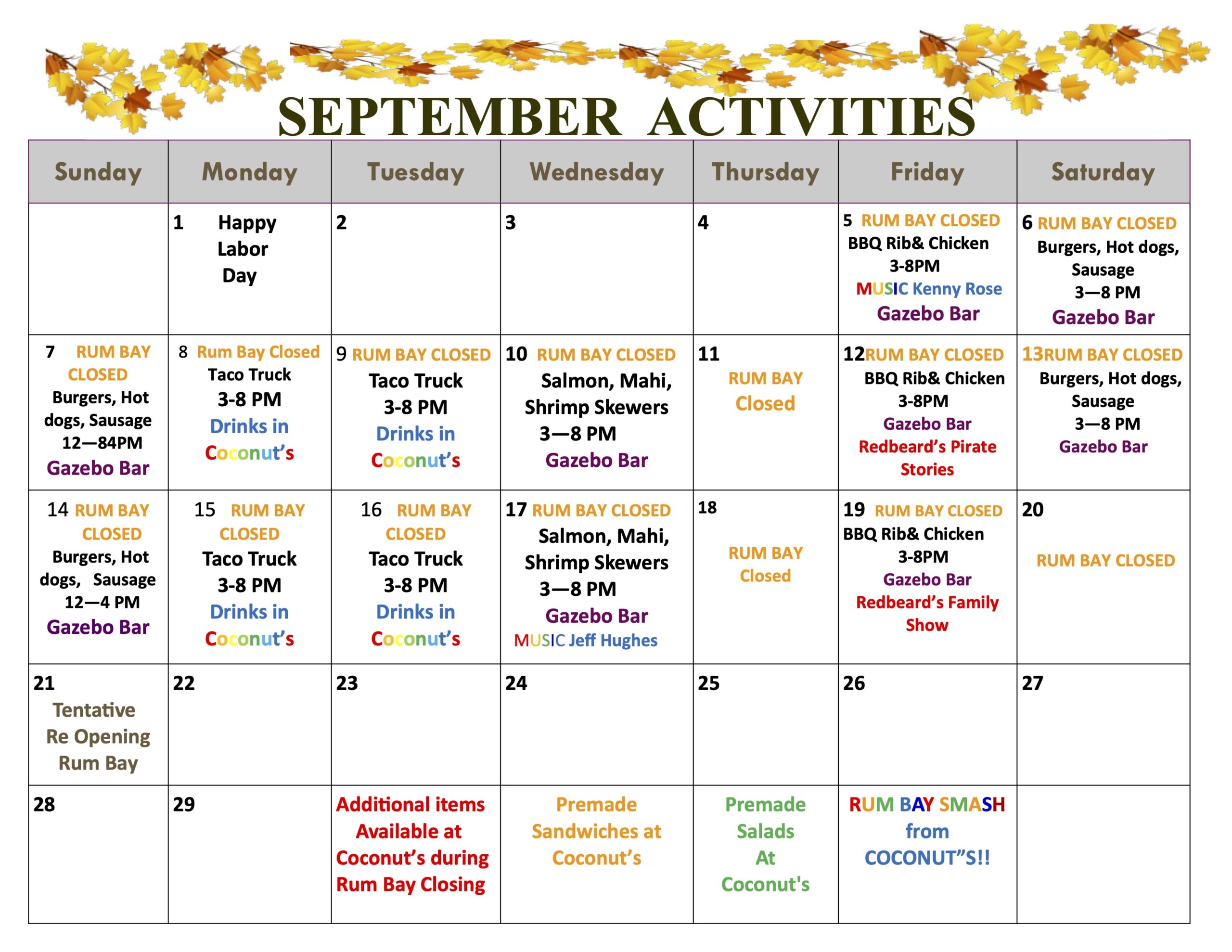 August 2025 activities calendar for Palm Island Resort family friendly beach vacation rentals