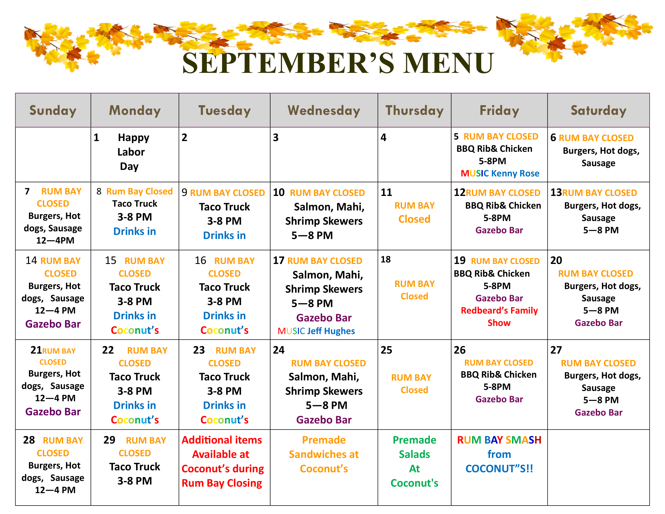 September 2025 activities calendar for Palm Island Resort family friendly beach vacation rentals
