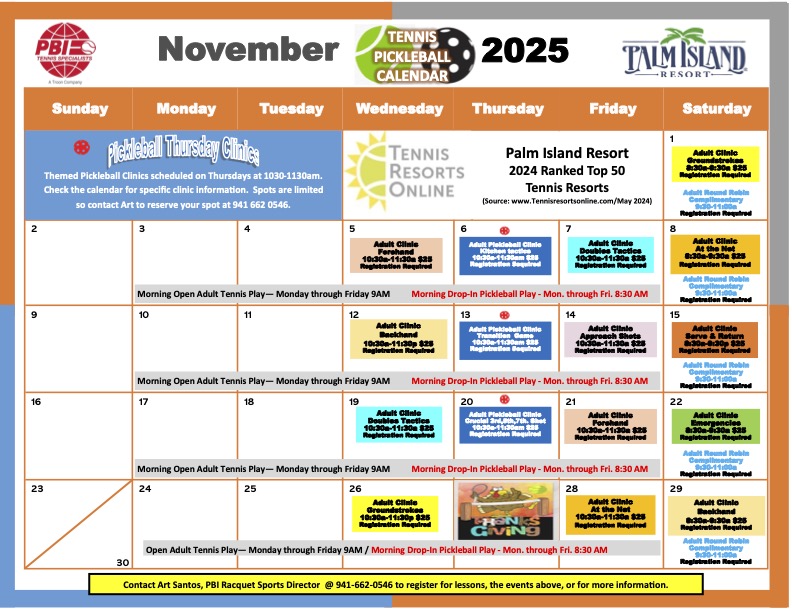 Palm Island Resort October 2025 tennis and pickleball schedule with clinics and round robins