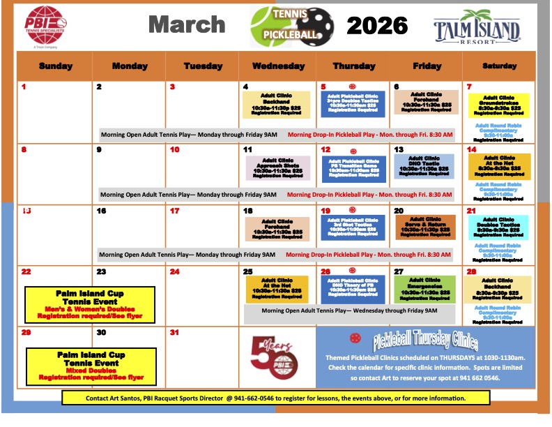 Palm Island Resort March 2026 Tennis and Pickleball schedule with clinics and round robins