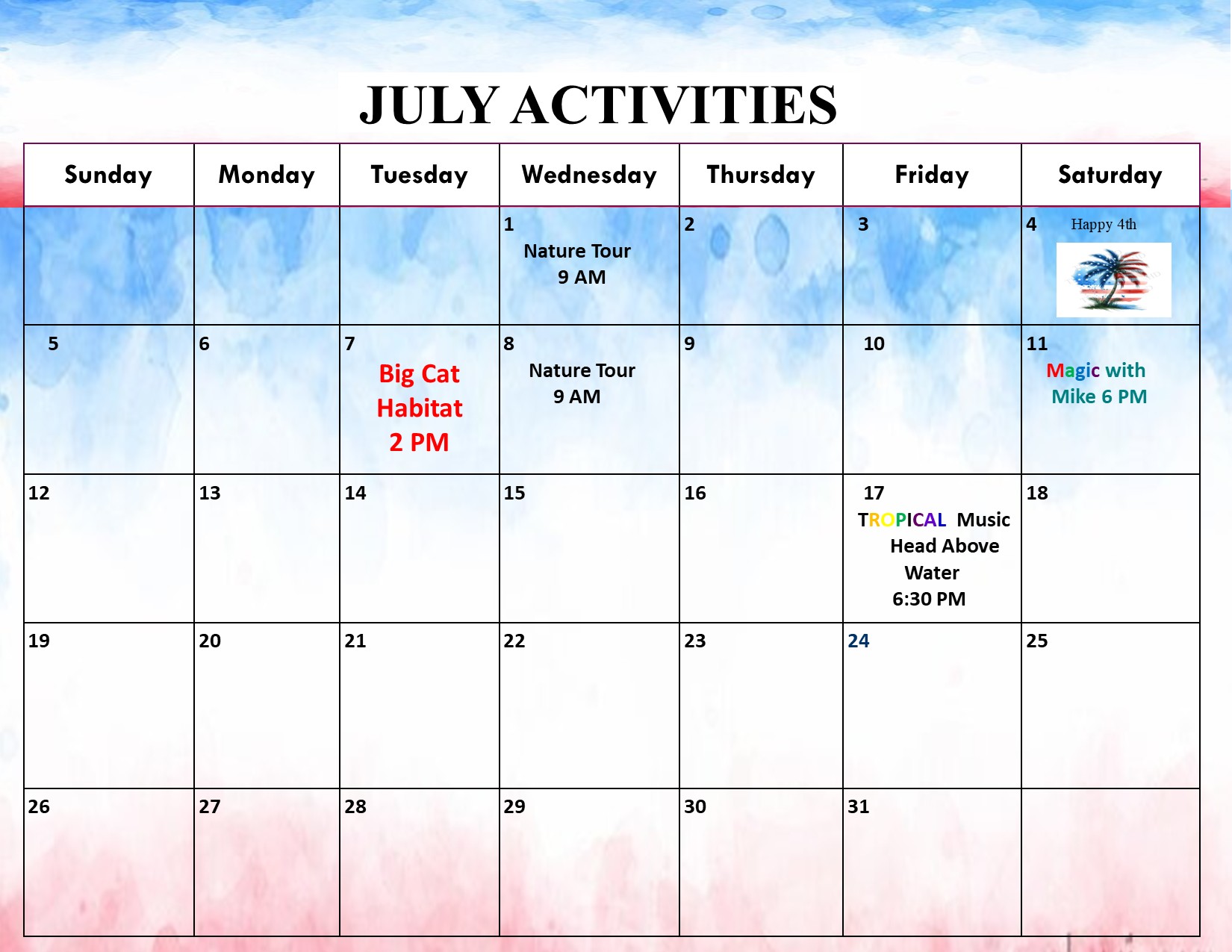 July 2026 activities calendar for Palm Island Resort family-friendly beach vacation rentals