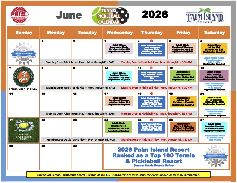 Palm Island Resort June 2026 Tennis and Pickleball schedule with clinics and round robins