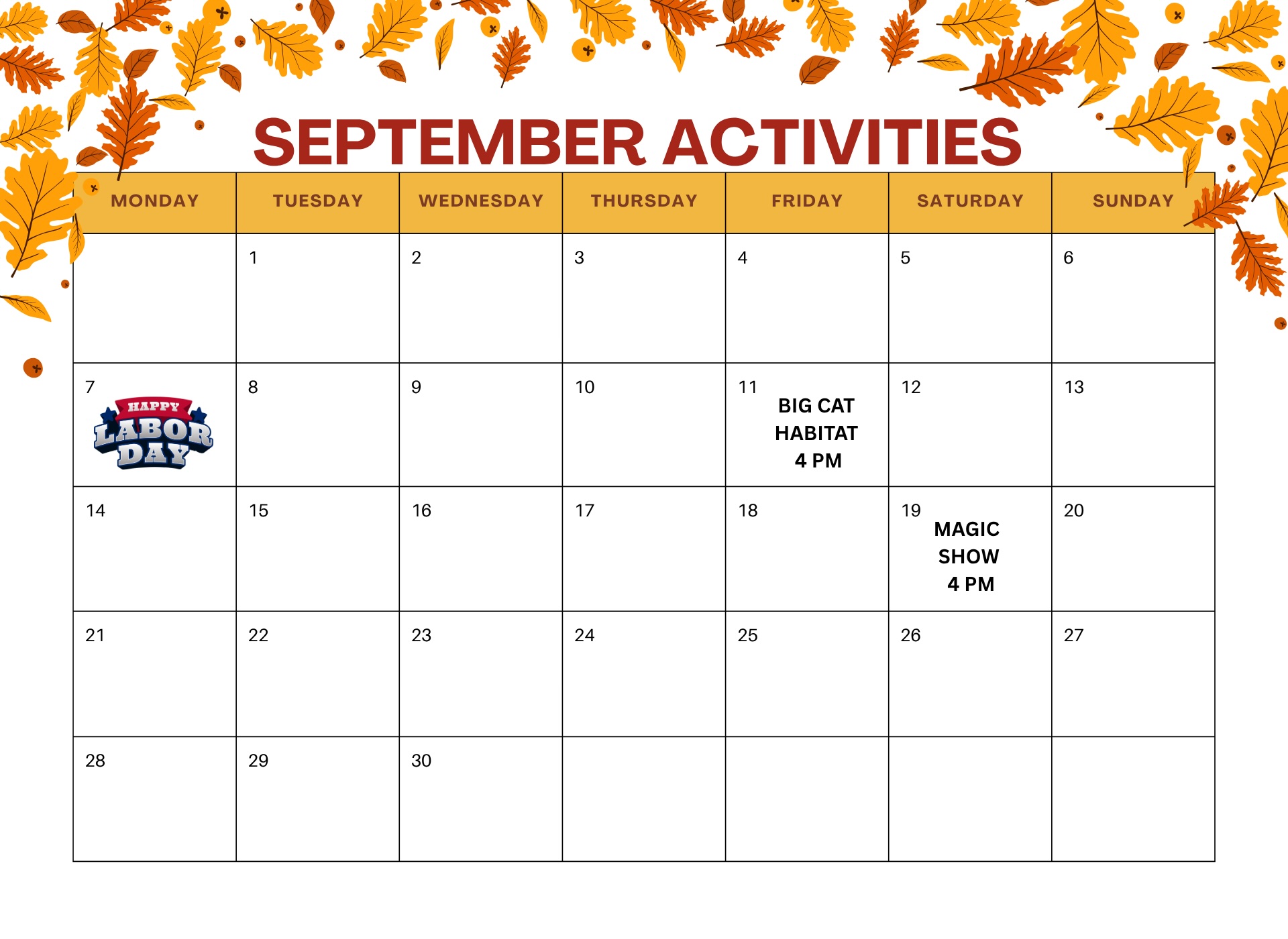 September 2026 activities calendar for Palm Island Resort family-friendly beach vacation rentals