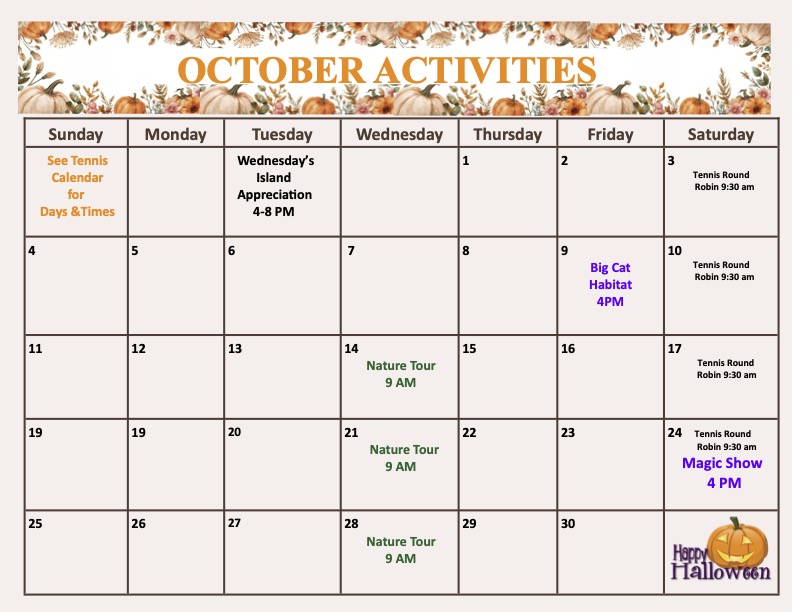 October 2026 activities calendar for Palm Island Resort family-friendly beach vacation rentals